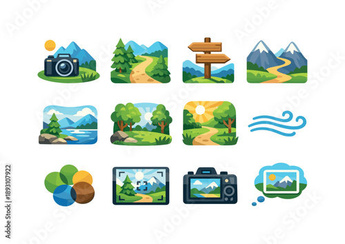 Outdoor Photography Icons. Outdoor Photography. Colorful flat vector icons set of Outdoor Photography: camera outdoors, nature trail, viewpoint sign, mountain