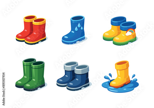 Colorful Rain Boots Grid. Rain Boots. Isometric flat vector icons set of Rain Boots: rubber rain boots pair, single rain boot with water drops, kids rain