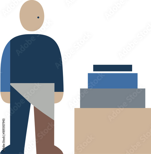 Calm abstract geometric human figure stands beside few fully constrained aligned blocks in wide white space reframing insight