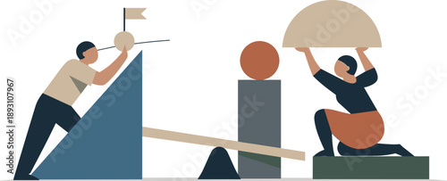 Two abstract geometric figures align and adjust multiple geometric shapes creating visible tension and structure demonstrating