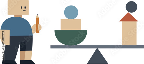 Calm abstract geometric figure stands beside final arrangement of evenly balanced shapes, representing distilled