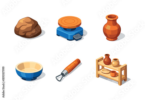 Handmade Pottery Icons. Handmade Pottery. Isometric flat vector icons set of Handmade Pottery: clay lump, pottery wheel, shaped vase, ceramic bowl, carving