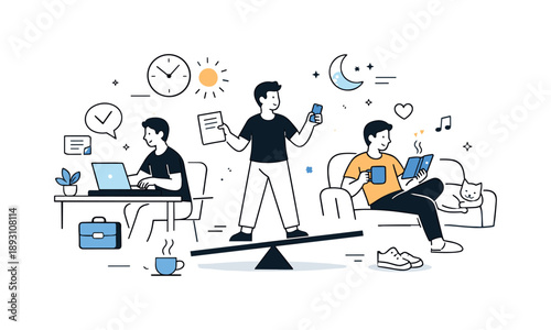 Balancing Work and Life. Work-life balance at home. A person switching between work tasks and personal life, with subtle icons like a clock and coffee cup. The