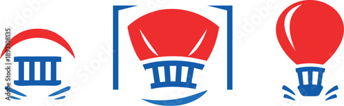 Two-Color vector icons of minimal balloon-cage cues: tiny balloon arc, short cage bar line, faint lift mark, small barred dot;