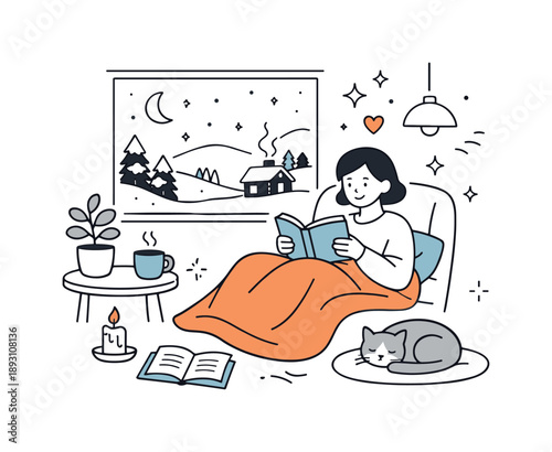 Cozy Winter Retreat. Winter cozy home scenes. Friendly illustration of a person relaxing indoors with a blanket and book, winter landscape behind the window.