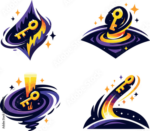 Two-Color vector icons of a mysterious gravitational tear releasing a symbol (whimsical shift): cosmic tear, drifting key, spiral