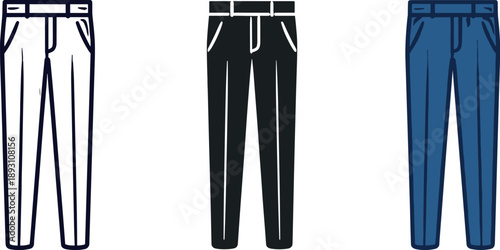 Menswear context represented by a pair of formal trousers icon with straight cut and pressed lines suggesting refined male