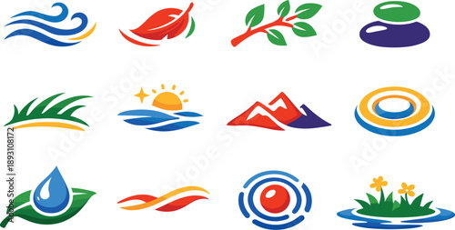 Two-Color vector icons of nature echoes: wind ripple, leaf drift, branch silhouette, pebble rest, grass arc, sky shimmer, distant
