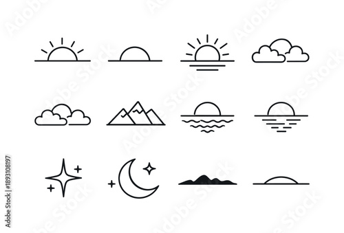 Sunrise and Sunset Icons. Sunrise and sunset. Line icon set of Sunrise and sunset: rising sun, setting sun, horizon line, sun rays, morning clouds, evening