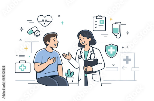 Caring Hospital Interaction. Hospital visit. Patient talking calmly with a doctor in a clean hospital hallway, friendly gestures and simple medical icons