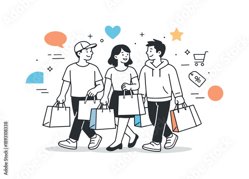 Retail Shopping Joy. Friendly retail moment. Group carrying shopping bags after choosing items together, satisfied expressions and calm movement, abstract