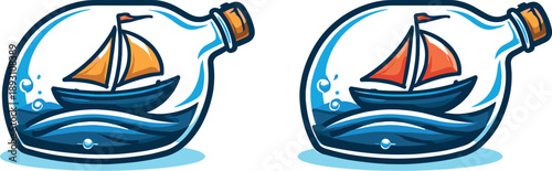 Two-Color vector icons of miniature seafaring vessel: tiny ship silhouette, glass container arc, simple mast line, wave ripple