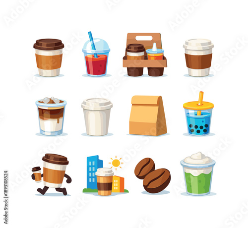 Takeaway Drinks Icons. Takeaway drinks. Colorful flat vector icons set of takeaway drinks: paper cup with lid, plastic straw, drink carrier, cafe cup sleeve,