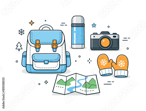 Winter Travel Essentials. Winter vacation travel items. Backpack, thermos, camera, mittens, and folded map arranged as a tidy flat lay, expressing readiness