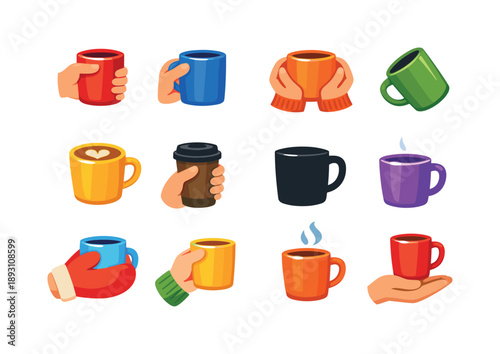 Colorful Mug and Hand Icons. Mugs & Hands. Colorful flat vector icons set of Mugs & Hands: hand wrap hold, thumb-on-handle grip, two-hand warm clasp, mug tilt,