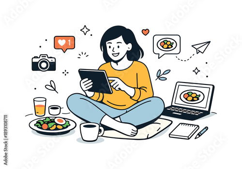 Modern Food Blogging. Food blogging lifestyle. A relaxed creator sharing food photos online, seated comfortably with a device and simple meal, expressing joy,