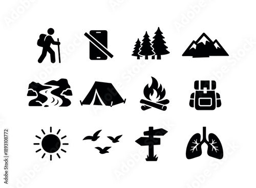 Digital Detox Icons. Digital Detox in Nature. Solid icon set of Digital Detox in Nature: person hiking, crossed-out smartphone, forest trees,