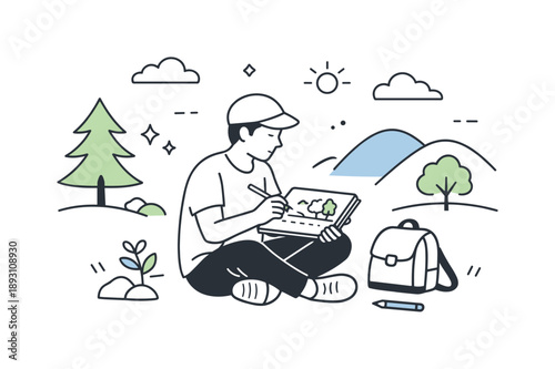 Outdoor Sketching Serenity. Sketching outdoors. A person sitting in nature with a sketchbook, calmly drawing trees and landscape, relaxed posture and quiet
