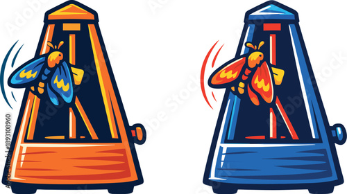 Metronome and Moth Icon. Two-Color vector icons of a metronome with a moth perched on its pendulum: metronome arc, perched moth,