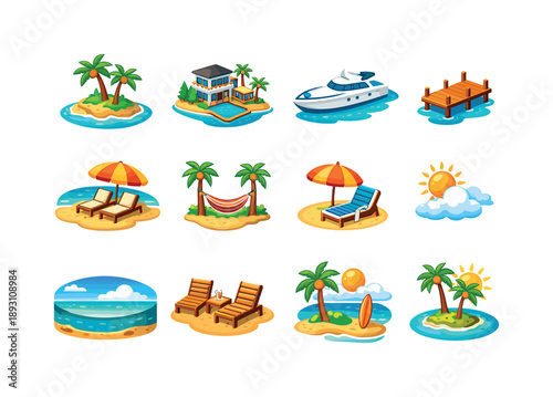 Private Island Icons. Private island. Colorful isometric vector icons set of private island: tropical island, palm trees, luxury villa, private
