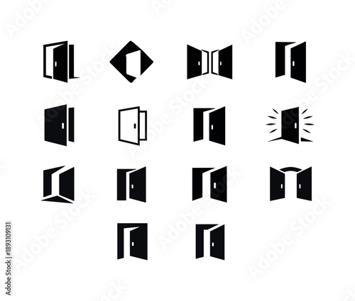 Door Icon Collection. Opening a door. Icon set. Set Logo of opening a door: open door frame icon. harmonious logo variations of the same emblematic concept,