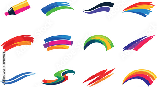 Two-Color vector icons of colorful strokes: chisel tip marking band, wide paint arc, ink stripe curve, layered color trail; bold