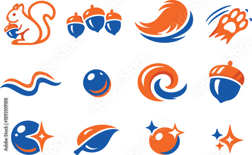 Two-Color vector icons of forest gatherers: squirrel outline, acorn arc, tail sweep, paw flick, contour line, tiny bead, arc curl