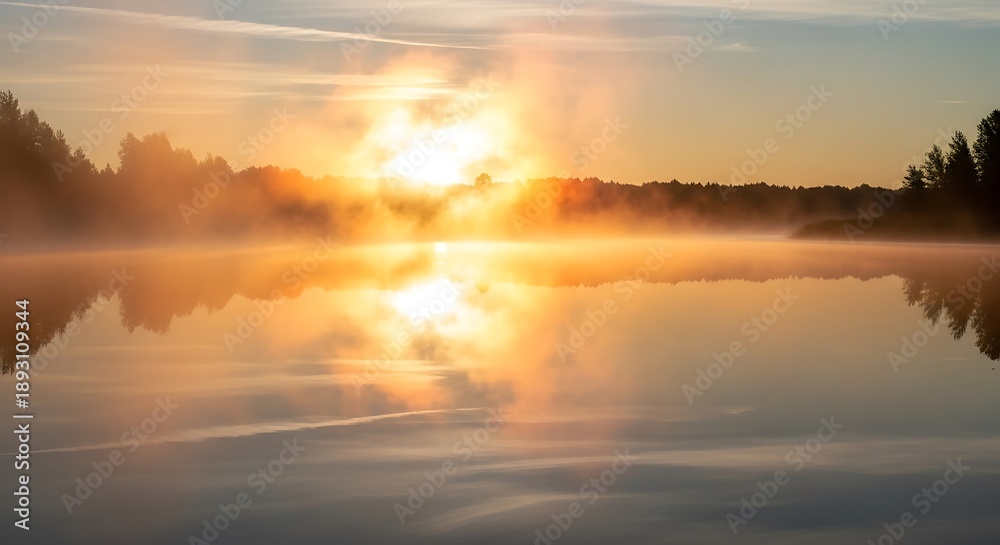 Fototapeta premium Golden sunrise over misty lake with reflections of trees and sky