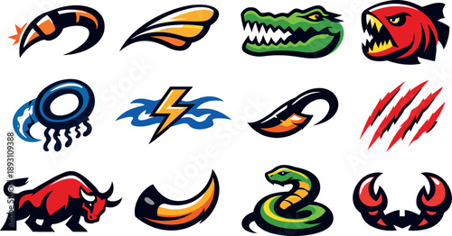 Two-Color vector icons of dangerous fauna: hornet sting arc, wasp wing curve, crocodile jaw outline, piranha bite, jellyfish
