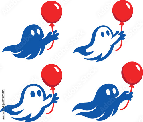 Two-Color vector icons of spirit grasping balloon: ethereal ghost curve, hovering arm flick, rounded balloon form, soft string