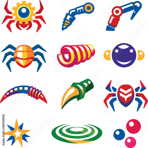 Two-Color vector icons of mechanical arachnids: gear-backed spider, screw-tip leg, hinge joint, metal abdomen plate, spring curl,