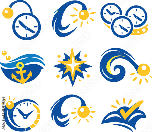 Dynamic Time Icons. Two-Color vector icons of time symbolism inspired by an anglerfish lure: dial bead, curved lure hint, ticking