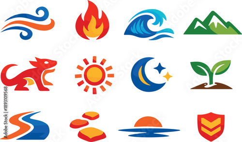 Two-Color vector icons of carved storytelling: symbol of wind, mark of fire, wave etch, mountain line; creature outline, sun disc
