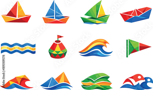 Two-Color vector icons of origami sailing: folded sail skiff, crease-line mast boat, angled-paper keel, sharp-edge dinghy;