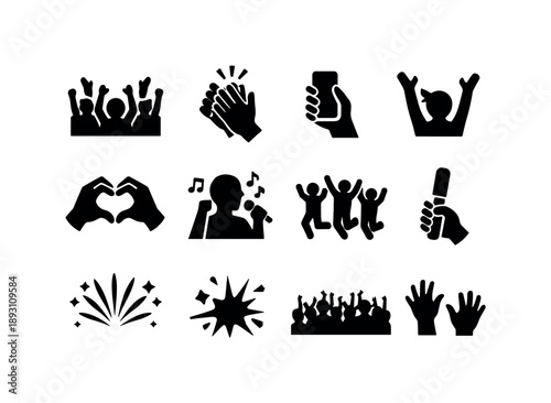 Concert Icon Set. Concert crowd reactions. Solid icon set of Concert crowd reactions: cheering audience, clapping hands, raised phone, waving arms, heart