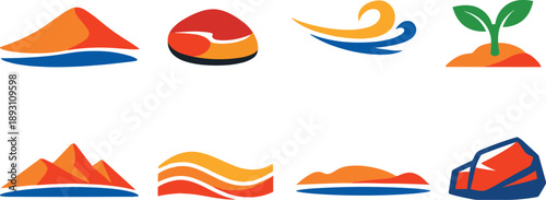 Two-Color vector icons of minimal desert calm: simple dune line, lone pebble, thin wind arc, small sprout; clean ridge shape,