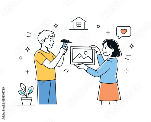 Neighborly Cooperation. Helping hand next door. Neighbors standing together and cooperating on a small task. Friendly attitude and trust within a shared living