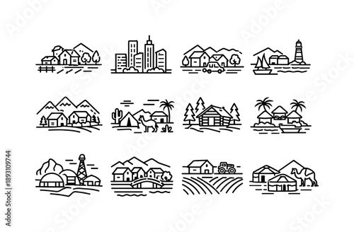 Human Habitat Icons. Human Habitat. Line icon set of Human Habitat: rural village, urban city, suburban area, coastal town, mountain village, desert