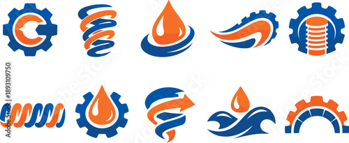 Two-Color vector icons of mechanical symbolism inspired by gear, spring, and oil: cogmark, coiled form, droplet motif, curved