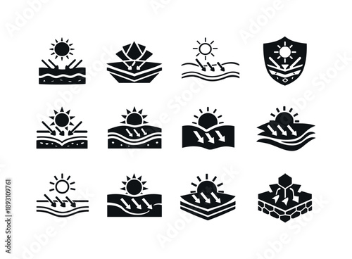 Skin Function Icon Set. The function of the skin. Icon set. Set Logo of The function of the skin: UV protection layer. harmonious logo variations of the same
