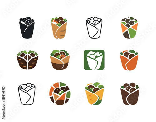 Global Breakfast Icons. Trying global breakfast traditions. Icon set. Set Logo of Trying global breakfast traditions: falafel wrap. harmonious logo variations