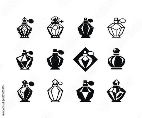 Perfume Logo Variations. Perfume bottle. Icon set. Set Logo of Perfume bottle: luxury crystal bottle. harmonious logo variations of the same emblematic