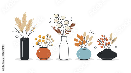 Dried Flowers Decor. Set of dried flowers decor. Different dried plants arranged in vases of simple shapes, suggesting variety and modern home styling. Clean,