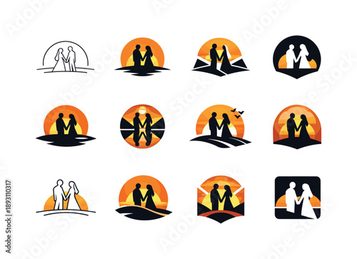Sunset Silhouette Wedding Logos. Bride and groom in silhouette at sunset. Icon set. Set Logo of bride and groom in silhouette at sunset: couple holding hands