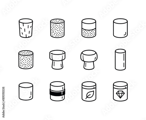 Cork Types Icons. Cork Types. Line icon set of Cork Types: natural cork, agglomerated cork, technical cork, synthetic cork, micro-granule cork, sparkling wine