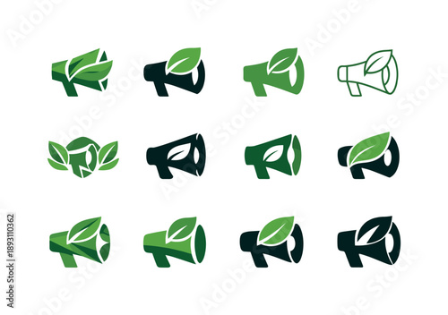 Environmental Icon Set. Environmental activism. Icon set. Set Logo of Environmental activism: megaphone with leaf. harmonious logo variations of the same