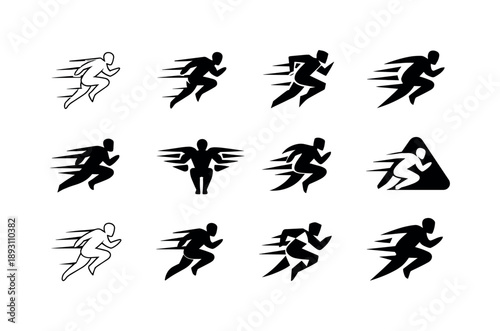 HIIT Workout Icons. HIIT workout. Icon set. Set Logo of HIIT workout: athlete jumping with motion lines. harmonious logo variations of the same emblematic