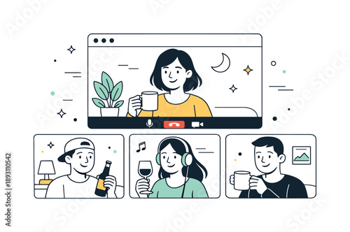 Virtual Friends' Evening Chat. Video call with friends evening talk. Friends relaxing with drinks while chatting online. Cozy mood and calm