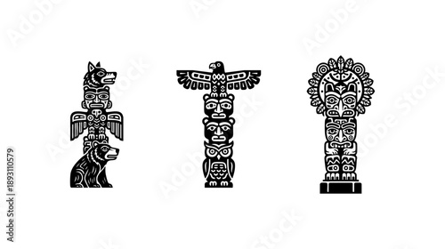 Black and White Totem Pole Tribal Cultural Art