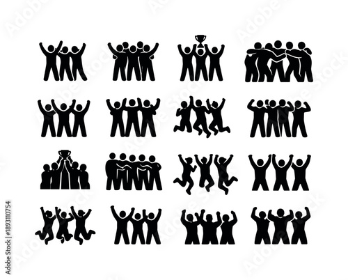 Victorious Team Icons. Victorious Team. Solid icon set of Victorious Team: team celebrating, group victory pose, champions together, winning team huddle,